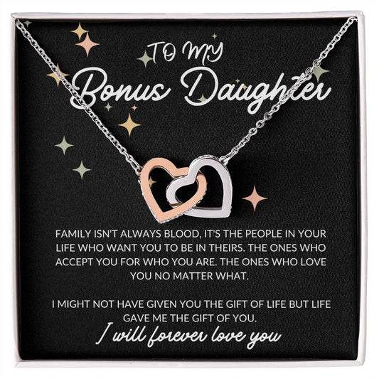 To My Bonus Daughter Interlocking Hearts Necklace, Step Daughter Gift, Bonus Daughter Gift, Daughter In Law Gift From Mother In Law, Birthday, Graduation, Wedding Gift, Christmas Gifts Or Just Because
